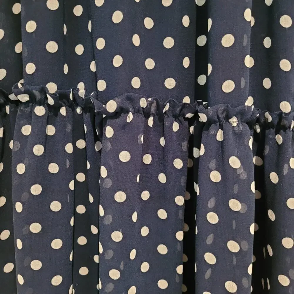 Georges Rech Paris Navy Polka Dot Midi Dress Quiet Luxury A-Line Ruffles Size 8 - Picture 5 of 11